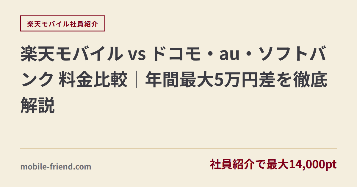 楽天モバイル vs ドコモ・au・ソフトバンク 料金比較｜年間最大5万円差を徹底解説