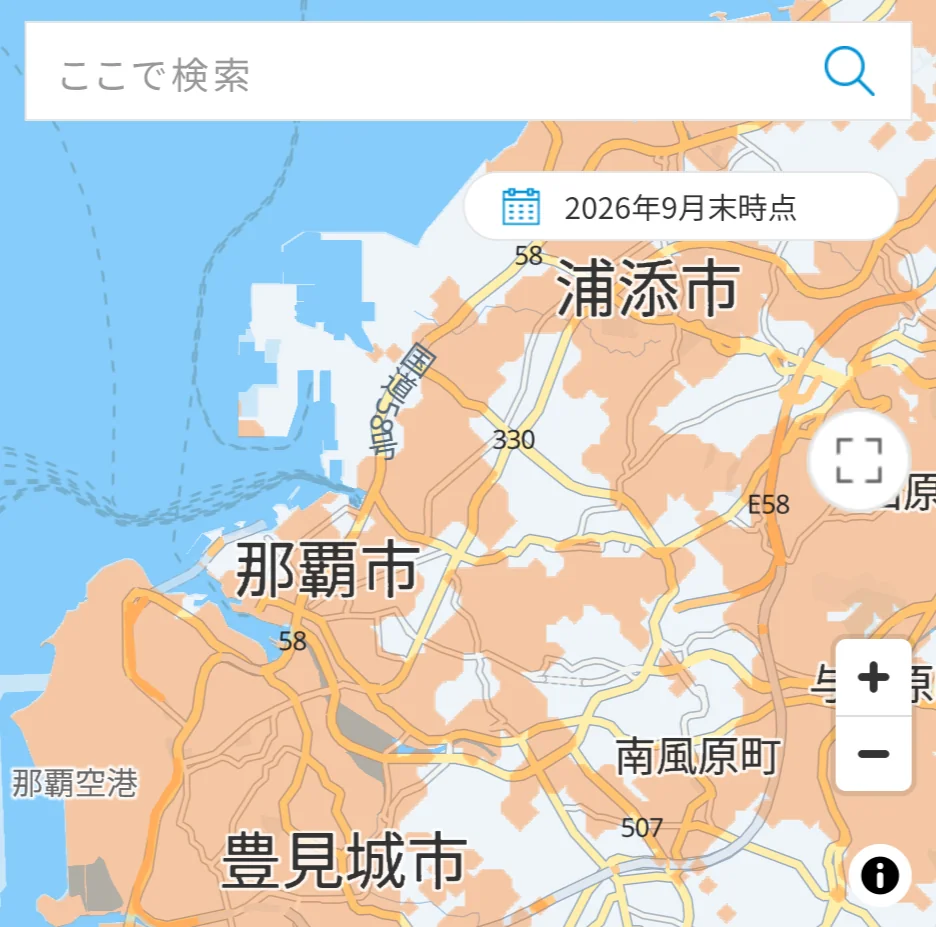 KDDIの楽天モバイル向けローミングサービス提供エリア。2026年9月末時点の表示で、那覇市・浦添市・豊見城市・南風原町の周辺にオレンジ色のローミング範囲がある