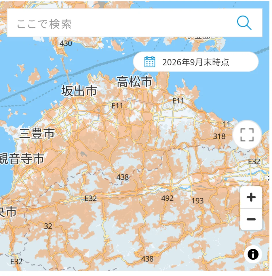 KDDIの楽天モバイル向けローミングサービス提供エリア。2026年9月末時点の表示で、高松市・坂出市・三豊市から徳島県境にかけてオレンジ色のローミング範囲が広がっている