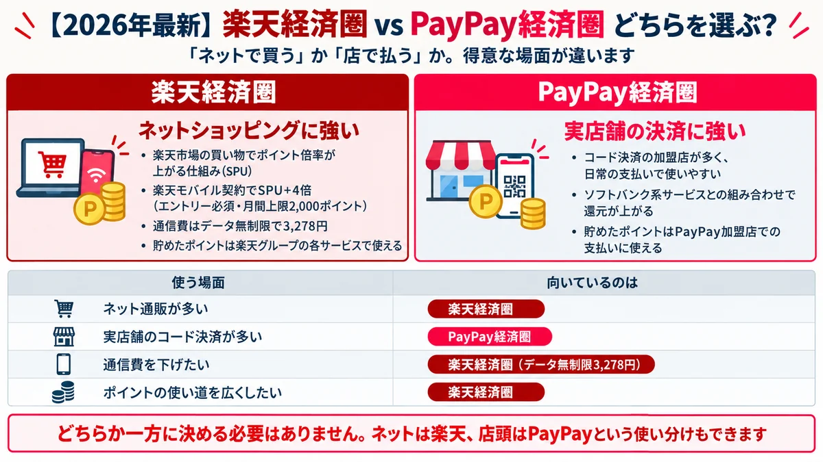 楽天経済圏とPayPay経済圏の比較。楽天経済圏はネットショッピングに強く、楽天市場の買い物でポイント倍率が上がるSPUがあり、楽天モバイル契約でSPU+4倍（エントリー必須・月間上限2,000ポイント）、通信費はデータ無制限で3,278円。PayPay経済圏は実店舗のコード決済に強く加盟店が多い